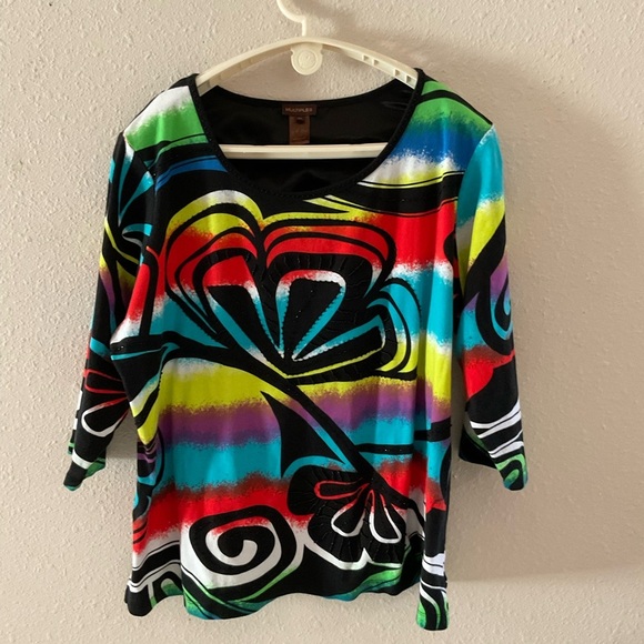 Multiples Abstract Print Top Multicolor Beaded Cotton Pullover Women’s Size 2X - Picture 1 of 14